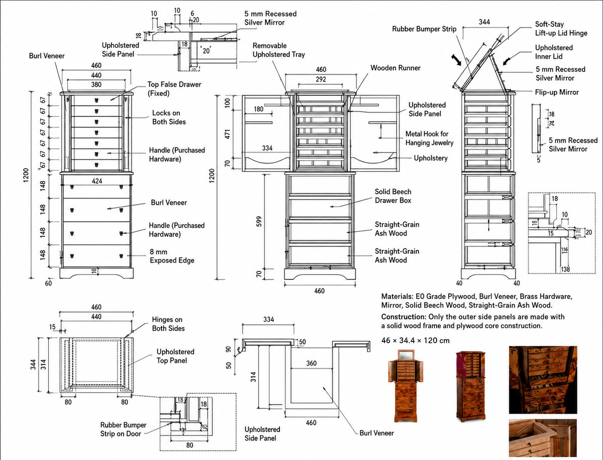 Portfolio technical study of jewellery cabinet elevations and construction details