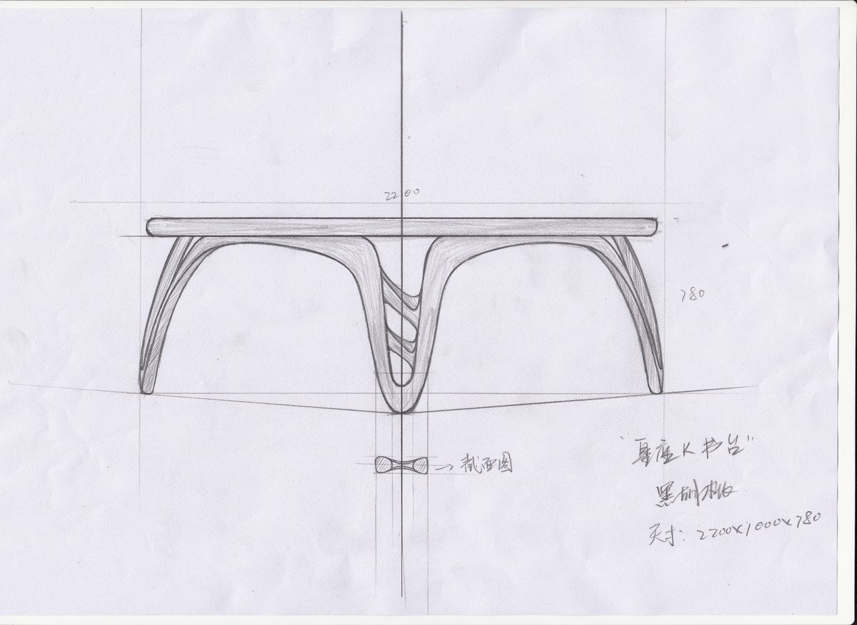 Original annotated drawing of the sculpted desk