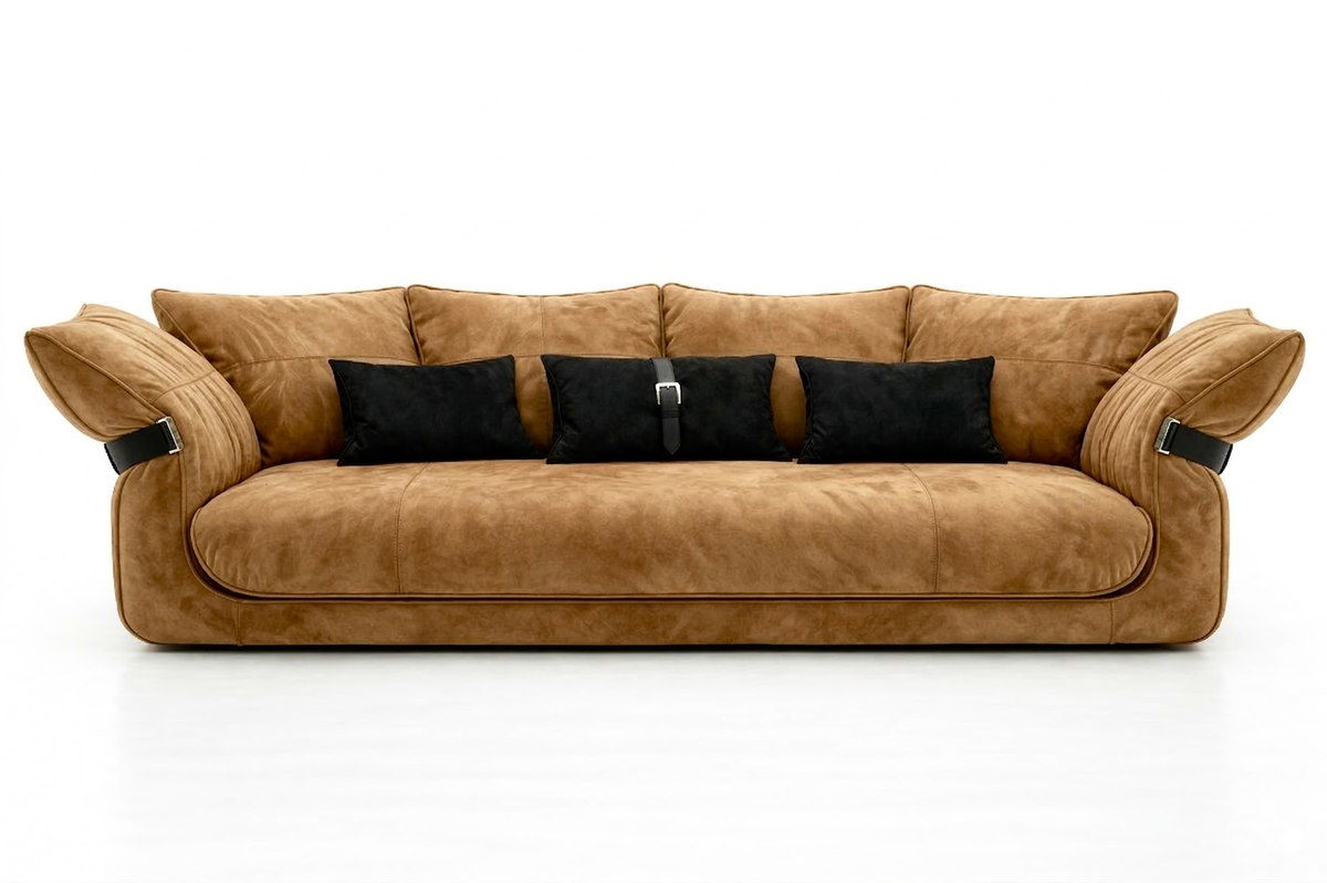 Sculptural Sofa with warm brown upholstery and outward-curving arms