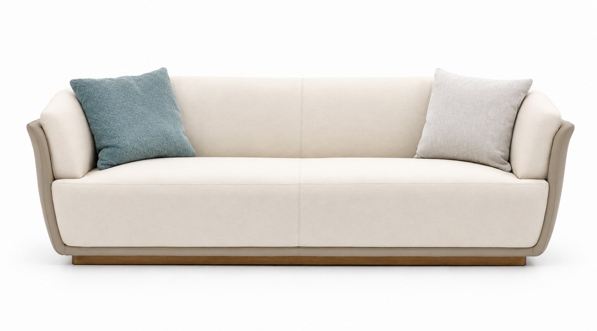 Ivory two-seat sofa with timber-coloured plinth