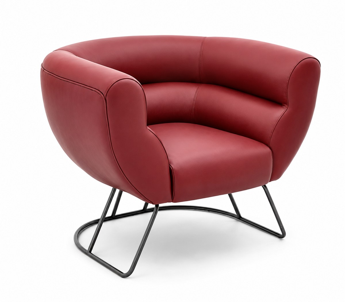 Red round lounge chair on sled base, angled view