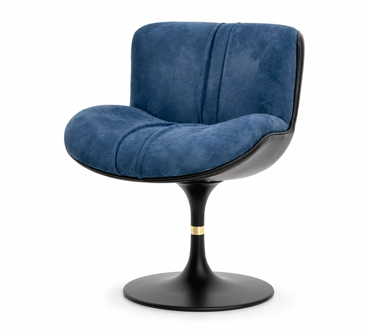 Blue lounge chair with black pedestal and gold-coloured accent