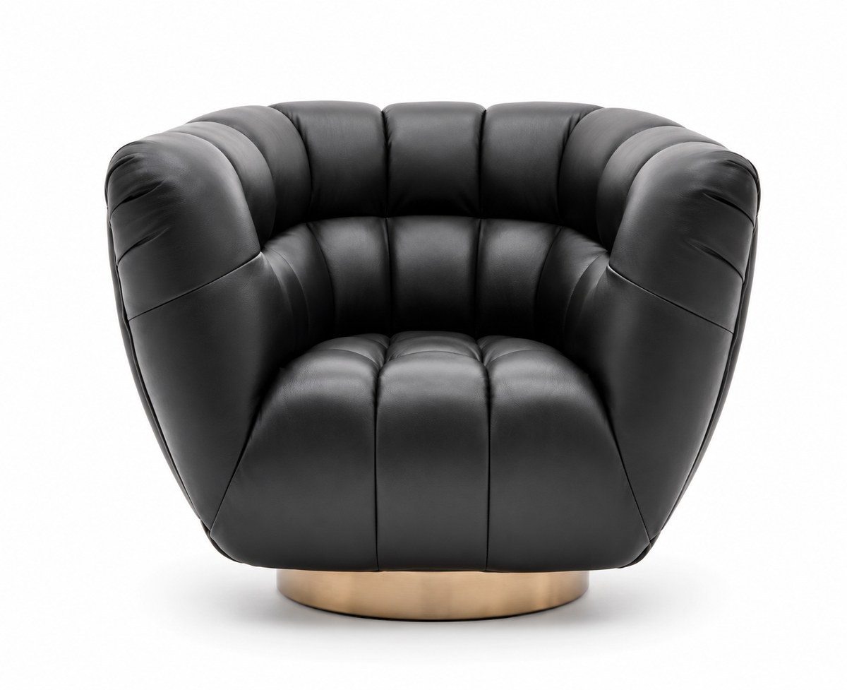 Dark channelled round chair on metallic-coloured plinth