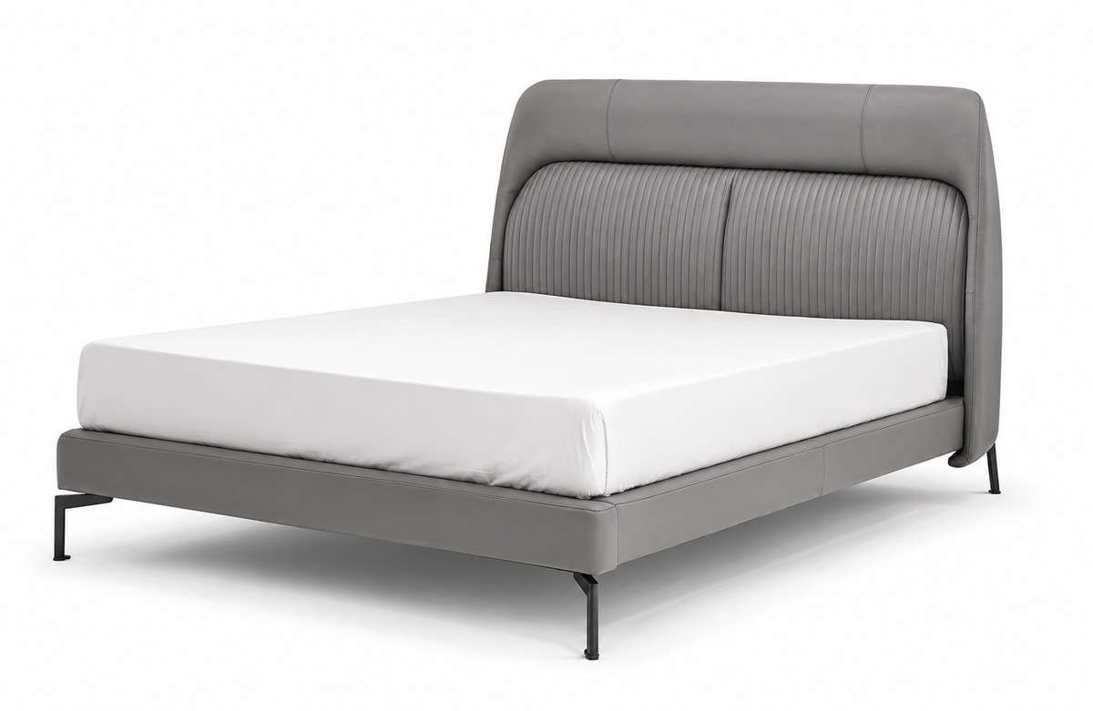 Grey fluted-headboard bed on slim feet