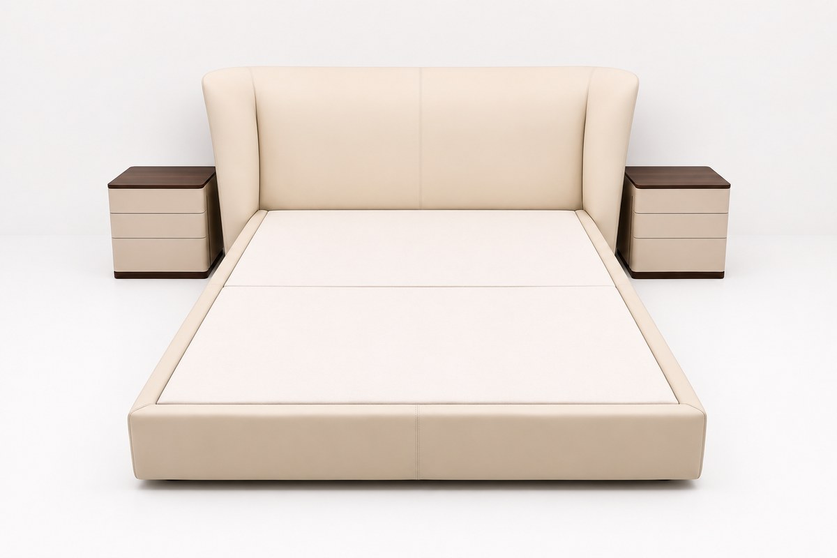 Cream winged bed with a pair of three-drawer bedside tables