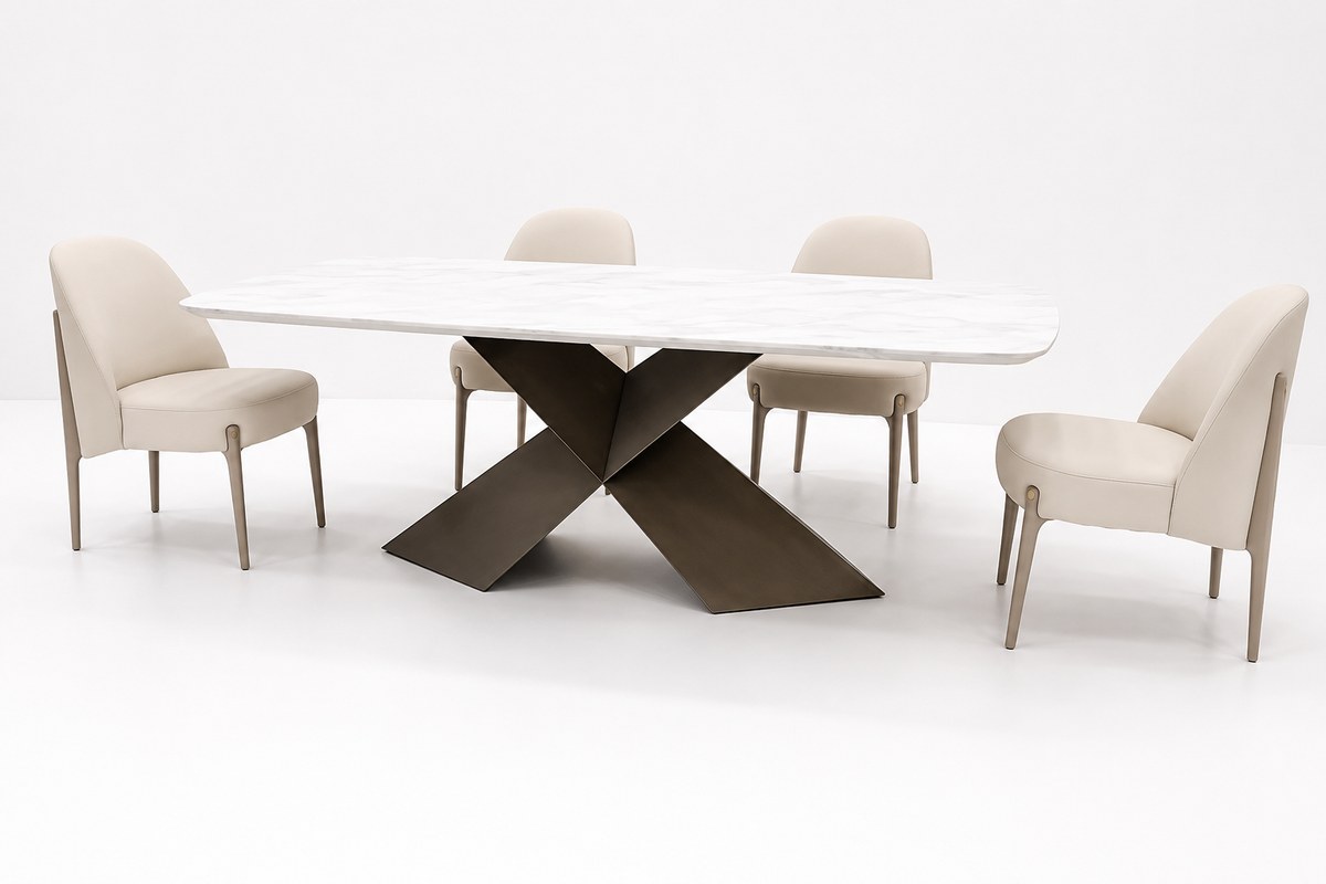 Light rectangular table with crossed base; dining chairs