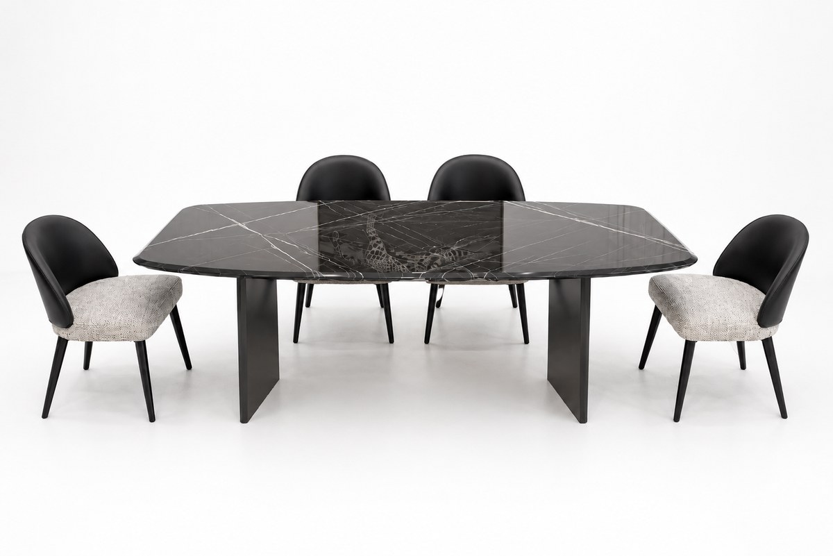 Dark rectangular table on two blade-like bases; dining chairs