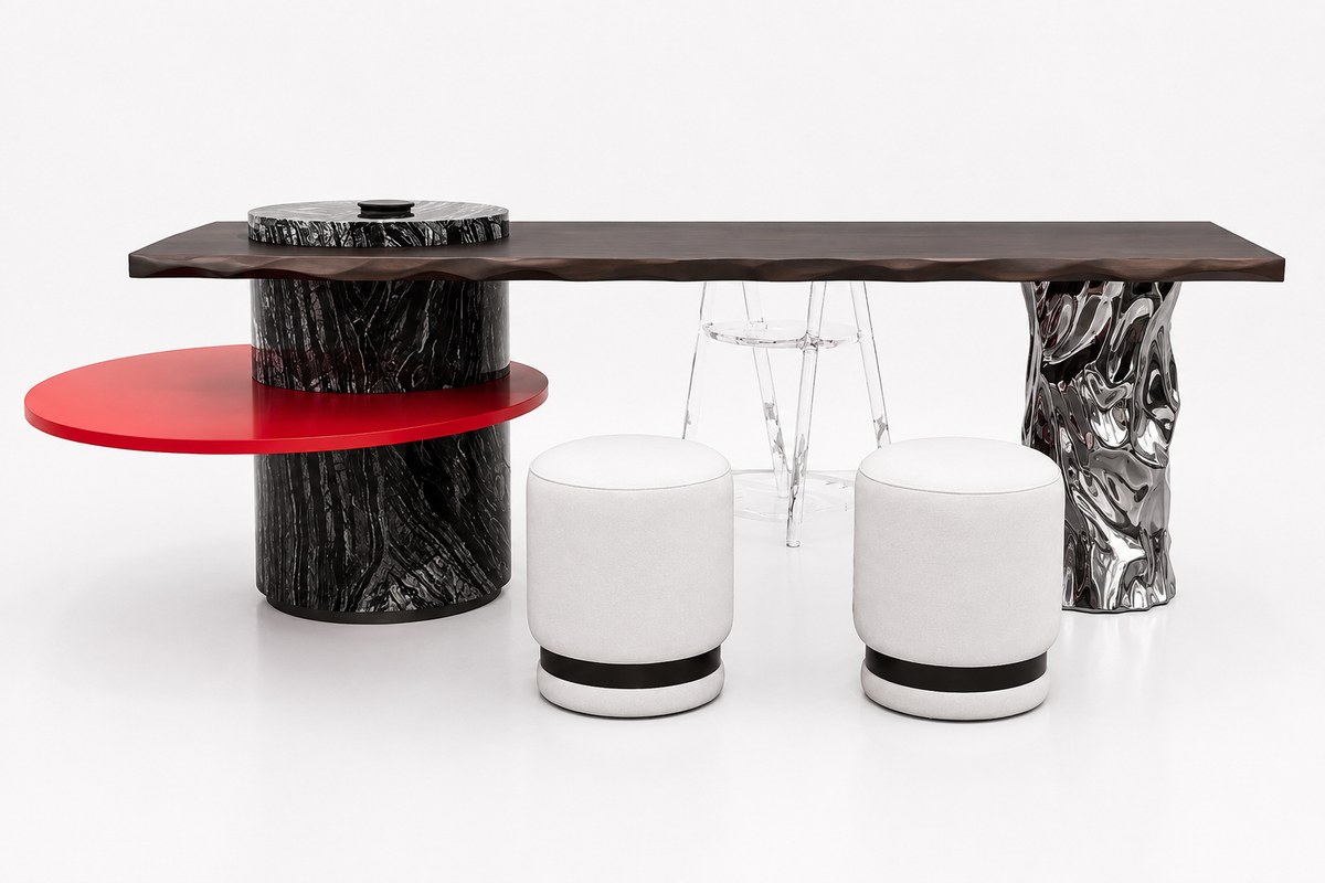 Live-edge counter with contrasting supports; two cylindrical stools and a transparent stool