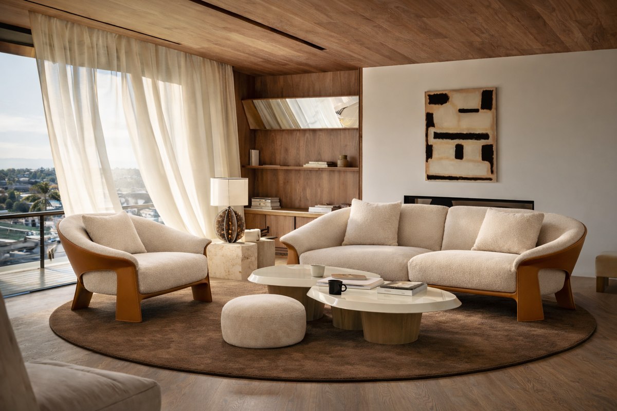 T-form seating in a warm timber-lined room