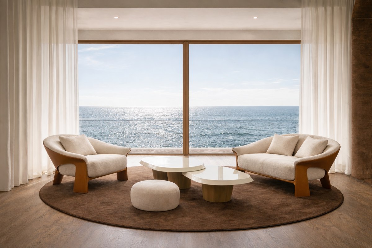 T-form seating in a coastal room