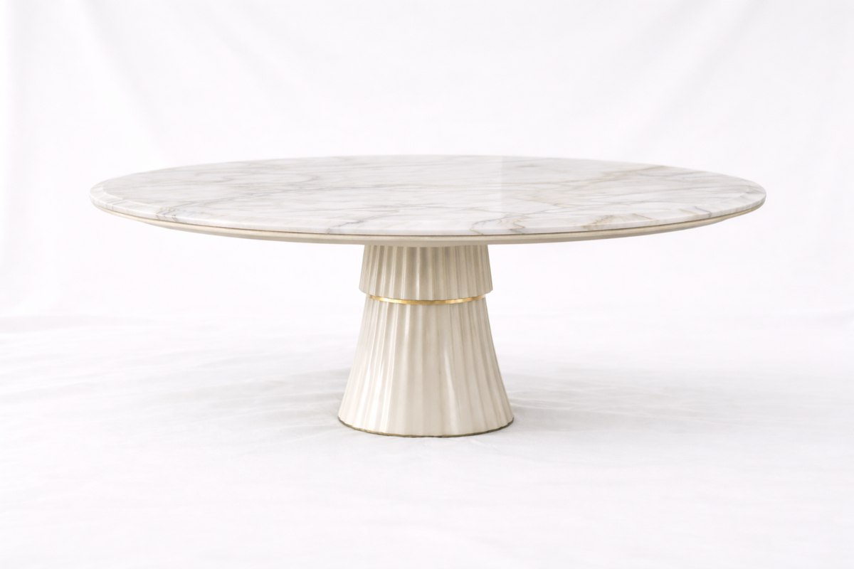 Umbrella dining table with a round top and pleated base
